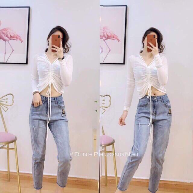 Áo croptop phối dây rút ngực dài tay