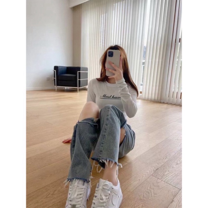 Quần Jeans Quảng Châu Nữ Rách Gối Form Ông Suông, Jean Baggy Cá Tính Năng Động