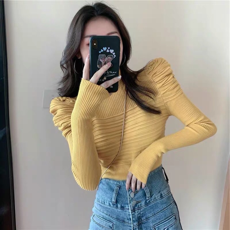 Áo len gân cổ lọ tay bồng