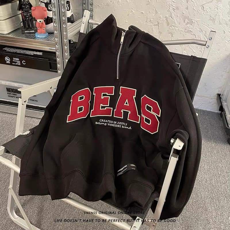 Áo sweater ,Áo nỉ cổ chun phom rộng in chữ BEAS phong cách Hàn Quốc
