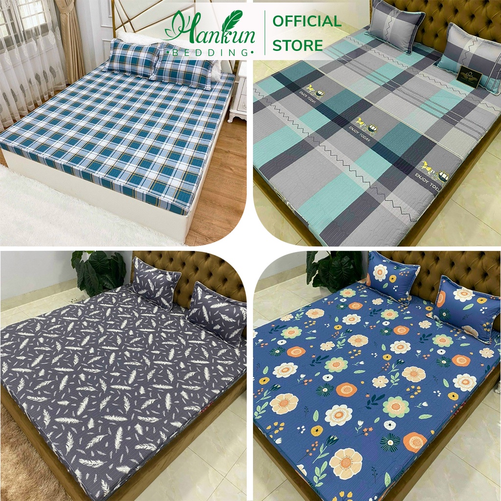 Bộ ga gối cotton cao cấp Hankun nhập khẩu chần bông họa tiết xinh xắn