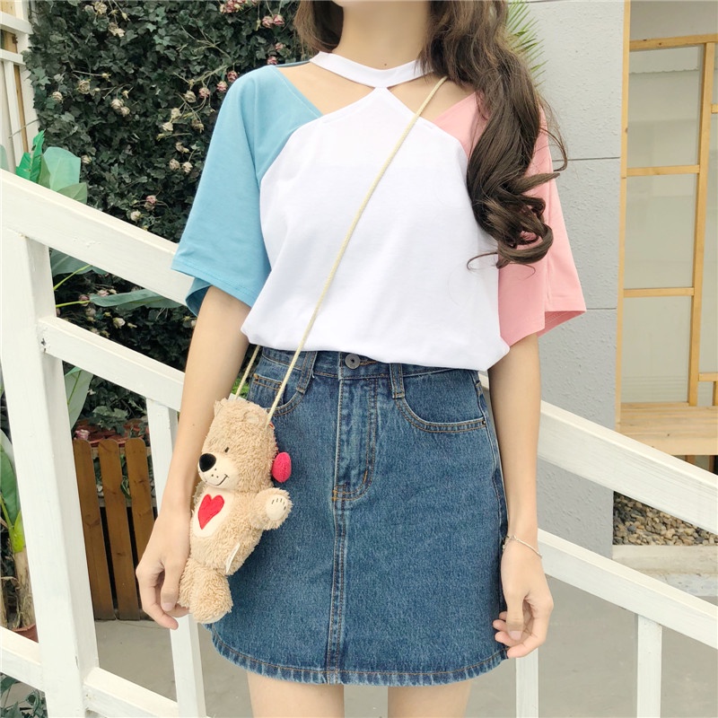 Áo thun hở vai màu sắc tương phản