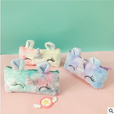 (Thohong001) Hộp đựng bút, túi đựng ngựa một sừng unicorn lông thú nhiều màu KT 20.5*9.7cm