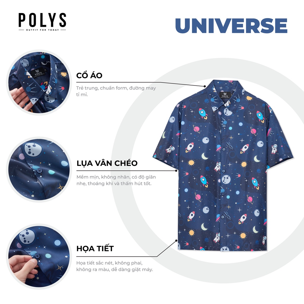 Áo sơ mi nam POLYS Fullbox chính hãng, Lụa Vân Chéo thoáng mát, không nhăn. Sơ mi tay ngắn họa tiết Vũ Trụ UNIVERSE