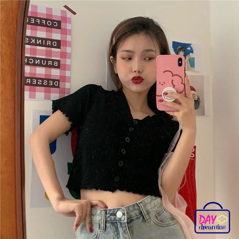 Áo Phông Áo Croptop Áo Thun Dệt Kim Tay Ngắn Cổ Chữ V Phối Nút Xinh Xắn Cho Nữ