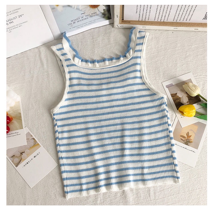 Áo Hai Dây Dệt Kim Dáng Ôm Kẻ Sọc Thắt Nơ Sau Lưng Phong Cách Hàn Quốc Thời Trang Mùa Hè Cho Nữ