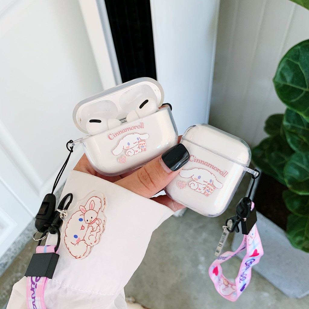 Vỏ Bảo Vệ Hộp Sạc Tai Nghe Airpods 1 / 2 / Pro Trong Suốt Họa Tiết Hello Kitty / Cinnamoroll Dễ Thương Kèm Dây Đeo