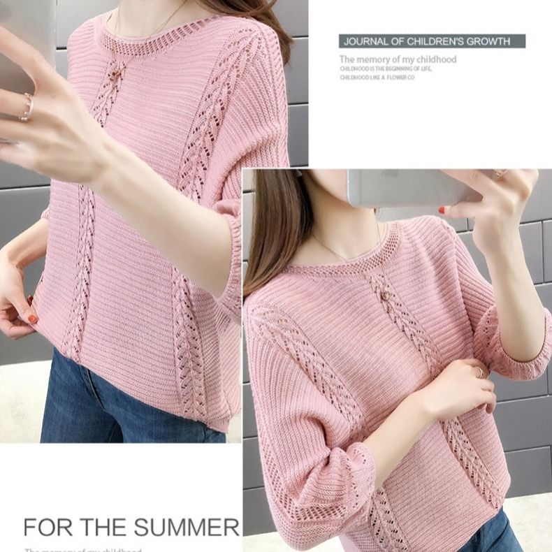 Áo Sweater Dệt Kim Mỏng Tay Lỡ Cổ Tròn Thiết Kế Đục Lỗ Dễ Phối Đồ Thời Trang Cho