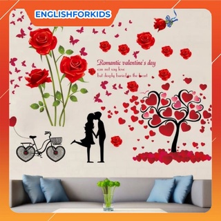 Decal dán tường hoa hông đỏ và uyên ương