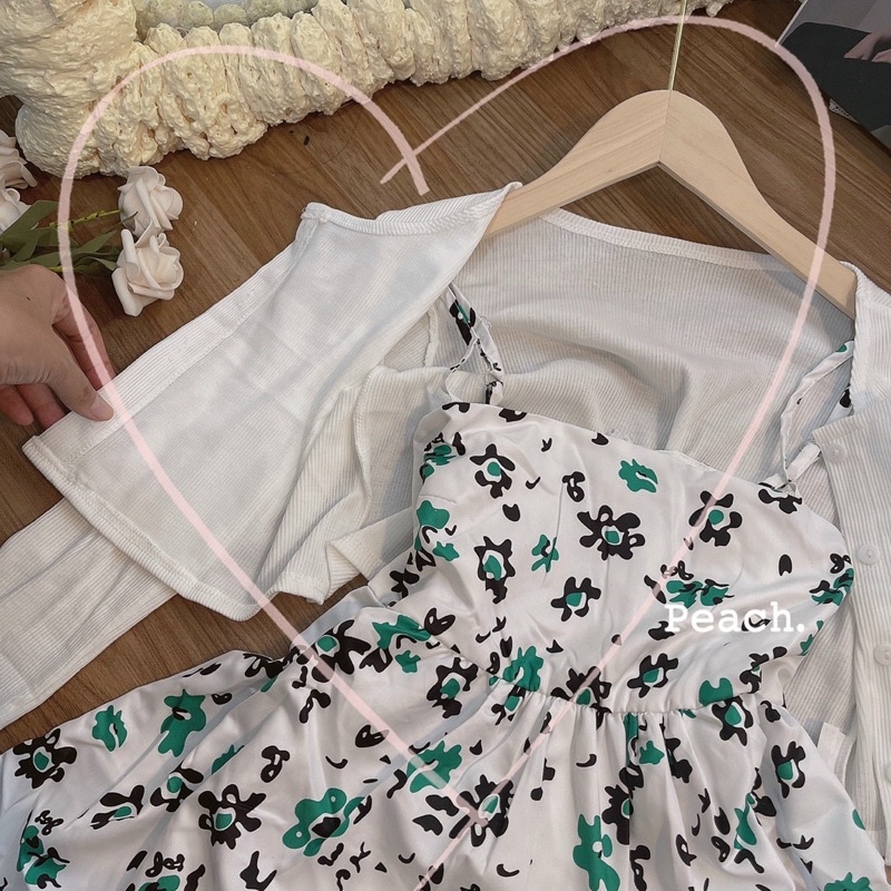 SET ĐẦM HOA XANH + ÁO KHOÁC TRẮNG GÂN