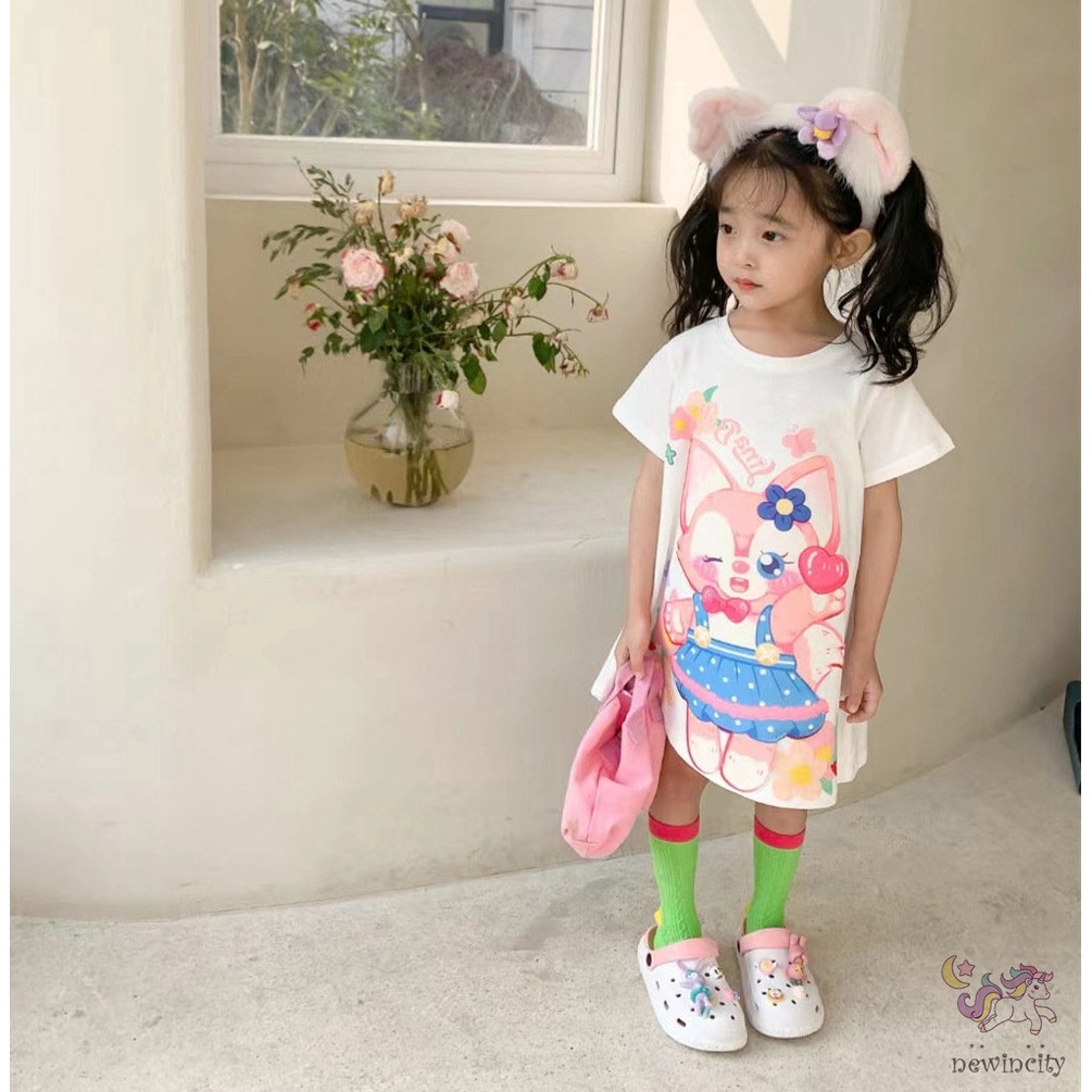 Đầm Cotton Tay Ngắn In Họa Tiết Hoạt Hình Phong Cách Hàn Quốc Thời Trang Mùa Hè Cho Bé Gái