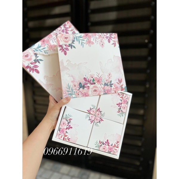 set 10 bộ túi hộp bánh trung thu 4 bánh mẫu hoa hồng