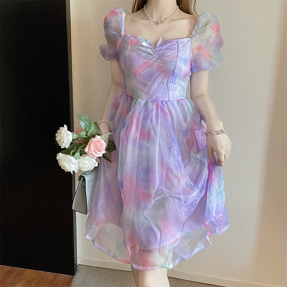 [Hàng order] Đầm voan organza in hoa  tay bồng váy nữ đi dạo phố đi biển Đ667