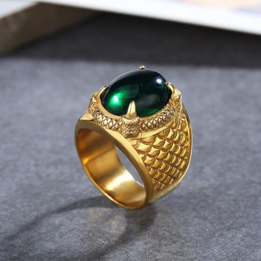 Nhẫn titan đeo tay pha lê màu xanh lá cây đỏ mạ vàng thời trang nam