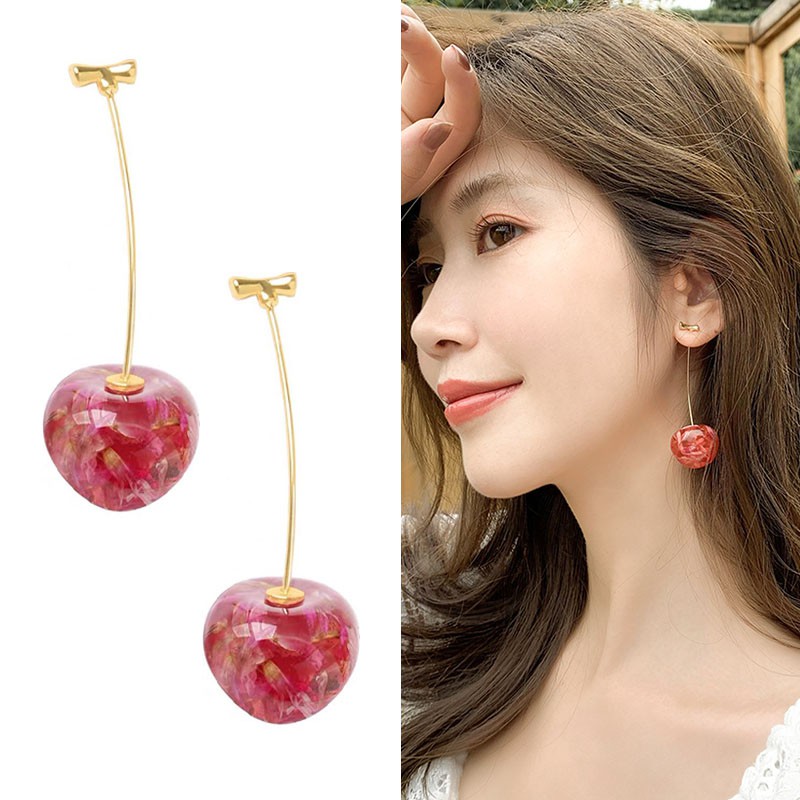 Bông tai dáng dài hình trái anh đào xinh xắn cho nữ