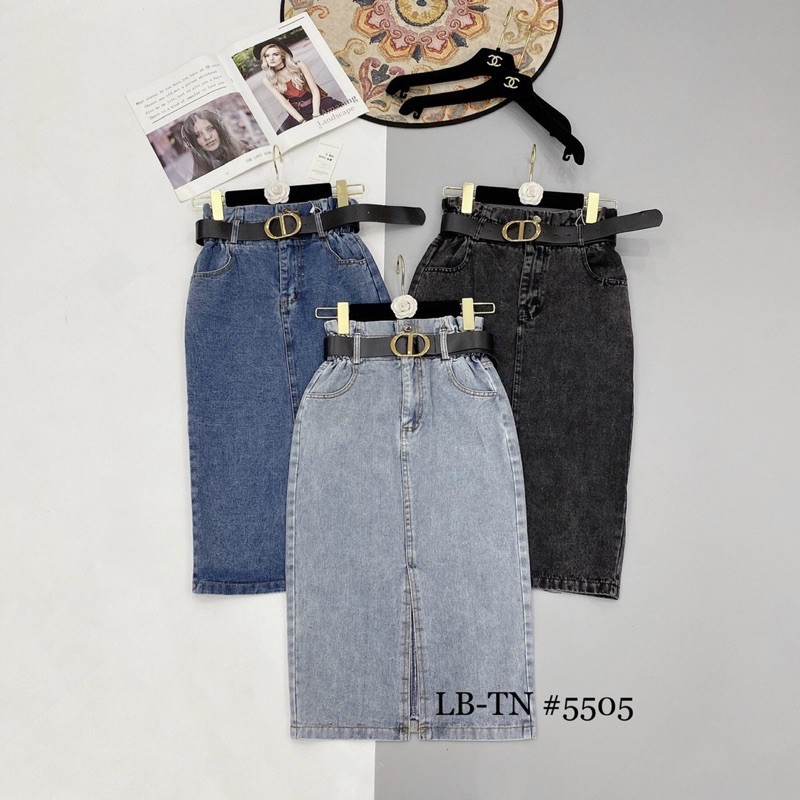 chân váy jean sẻ kèm đai
