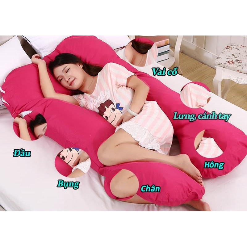 Gối bà bầu chữ U Chất vải Cotton hàn quốc kích thước 120cmx75cm Ruột bông gòn kháng khuẩn