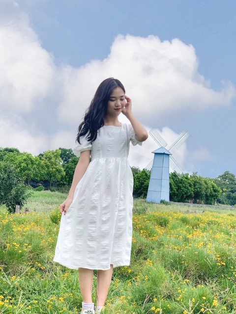 Váy trắng cổ vuông - Đầm babydoll dáng dài ulzzang ( ảnh cận chất/ sẵn ) | BigBuy360 - bigbuy360.vn