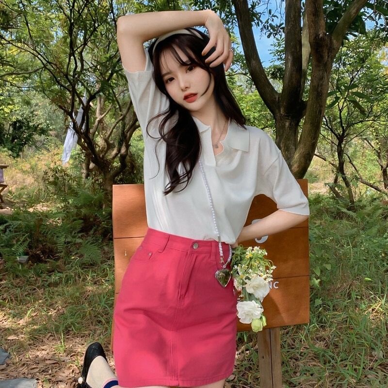 NZN Áo Thun polo Dệt Kim Tay Ngắn Cổ Chữ v Màu Sắc Trơn Thời Trang Mùa Hè Có 4 Màu Dành Cho Nữ