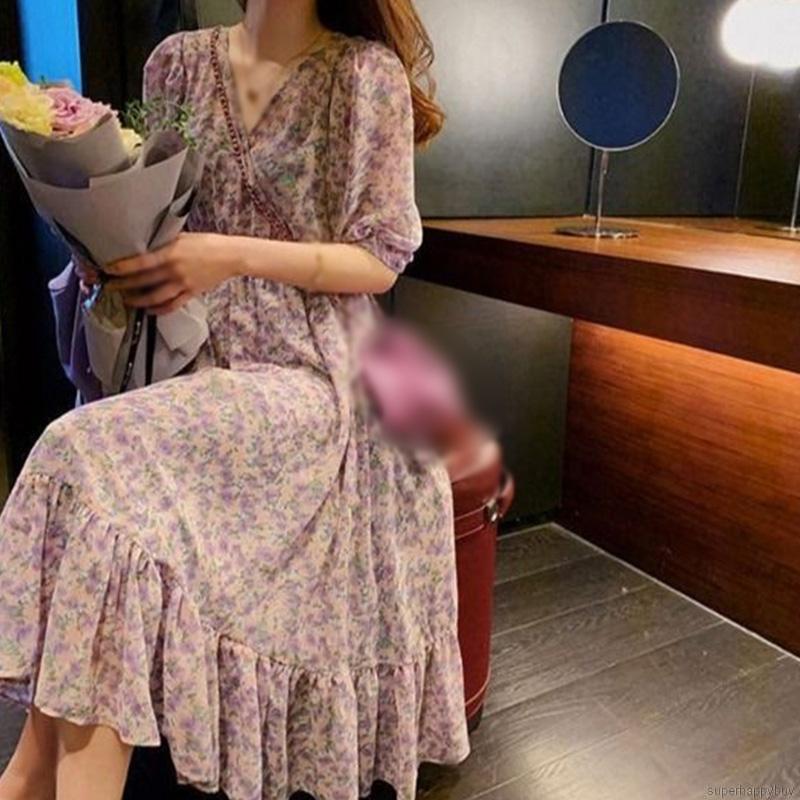 Đầm maxi tay ngắn hoạ tiết hoa thiết kế cổ chữ V thời trang nữ tính