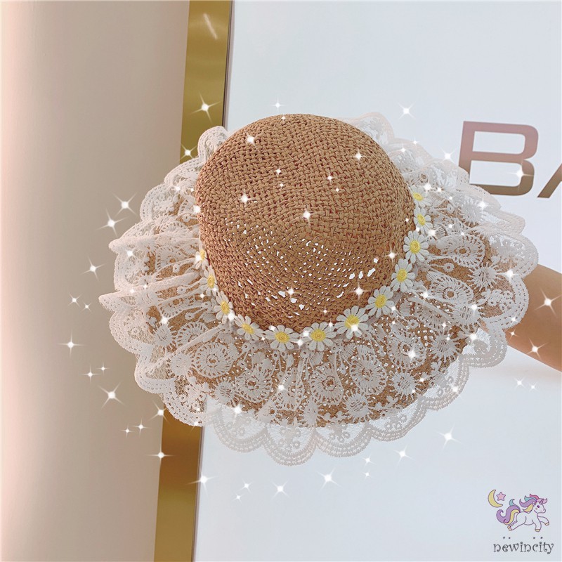 Nón tai bèo bằng rơm họa tiết hoa cúc đi biển mùa hè cho bé