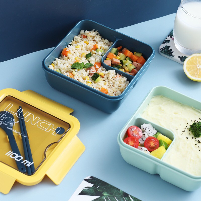 Hộp đựng cơm bento Lunch Box 1100ml phong cách Nhật có 4 khóa đóng kín tặng kèm thìa và đũa