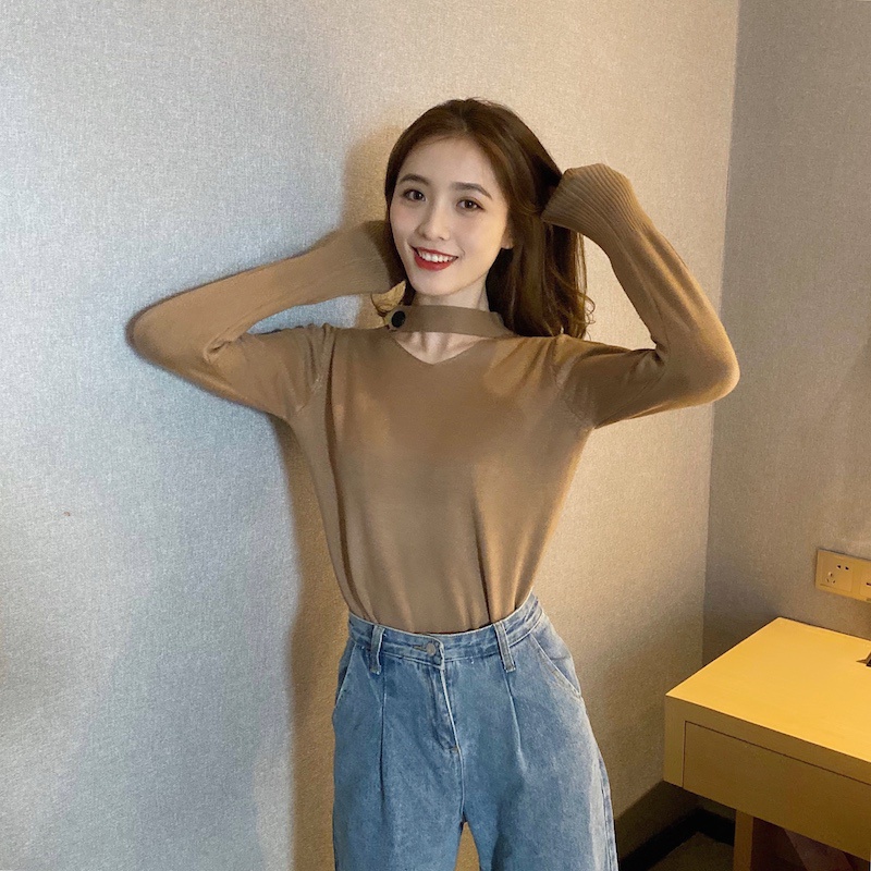 Xiaozhainv Áo len nữ tay dài cổ V dây nút phá cách phong cách Hàn