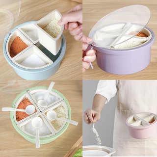 Hộp nhựa đựng gia vị 4 ngăn kèm muỗng rơm lúc mì cho nhà bếp