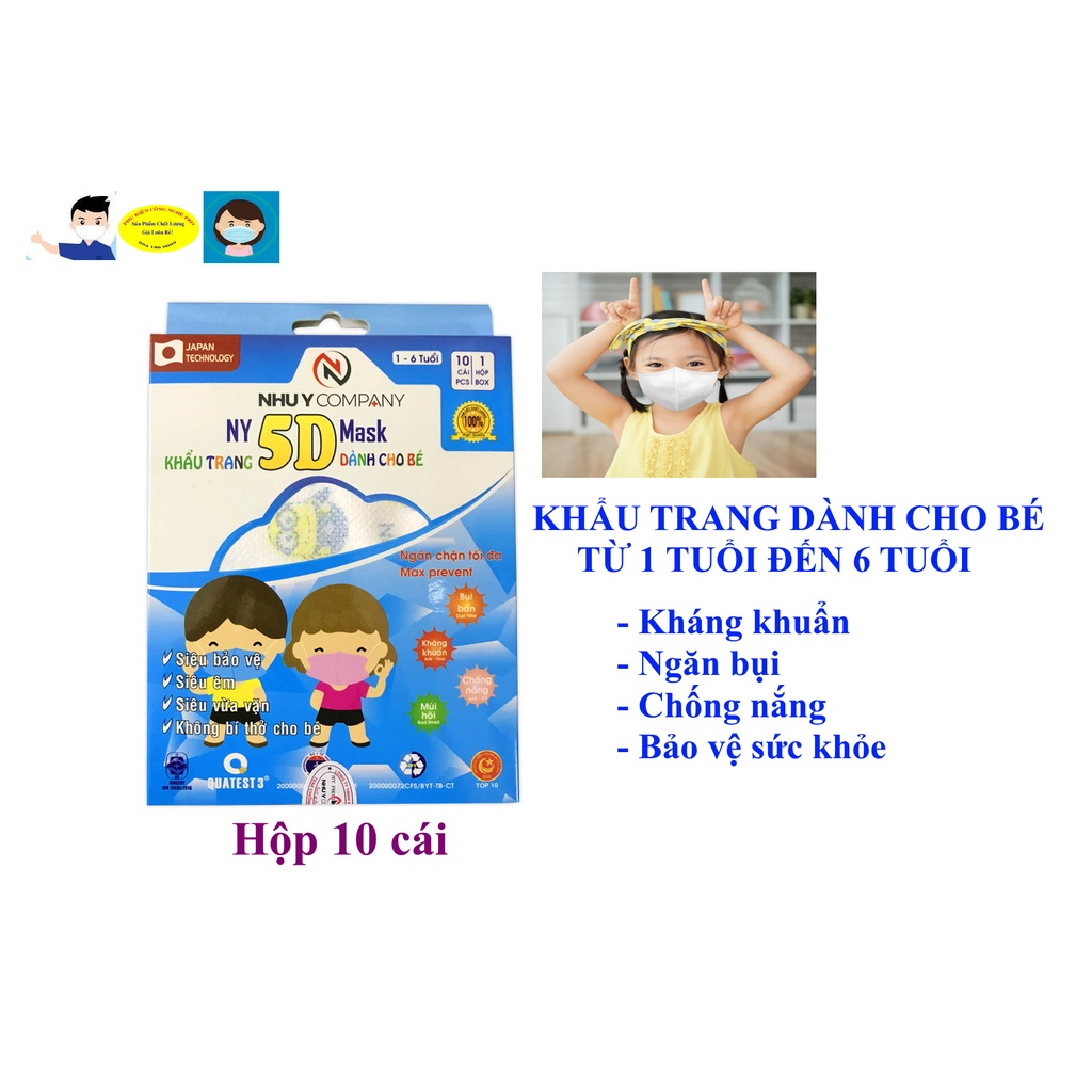 HỘP 10 CÁI KHẨU TRANG 5D CHO TRẺ EM TỪ 1 TUỔI ĐẾN 6 TUỔI NY 5D Mask Ngăn Bụi Kháng khuẩn Bảo vệ sức khỏe Như Ý