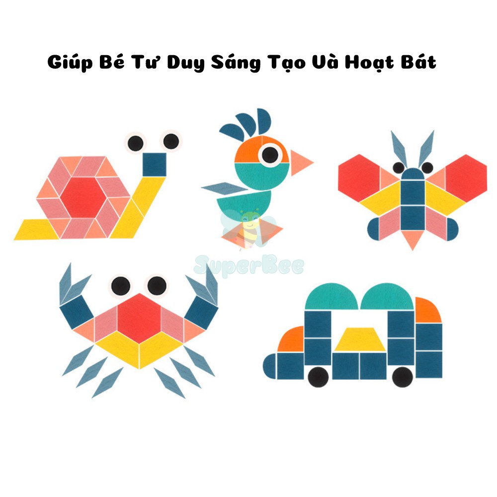 Bộ Ghép Hình Sáng Tạo Pattern Blocks 155 Chi Tiết SuperBee, Đồ Chơi Gỗ, Giáo Dục Tư Duy Cho Bé