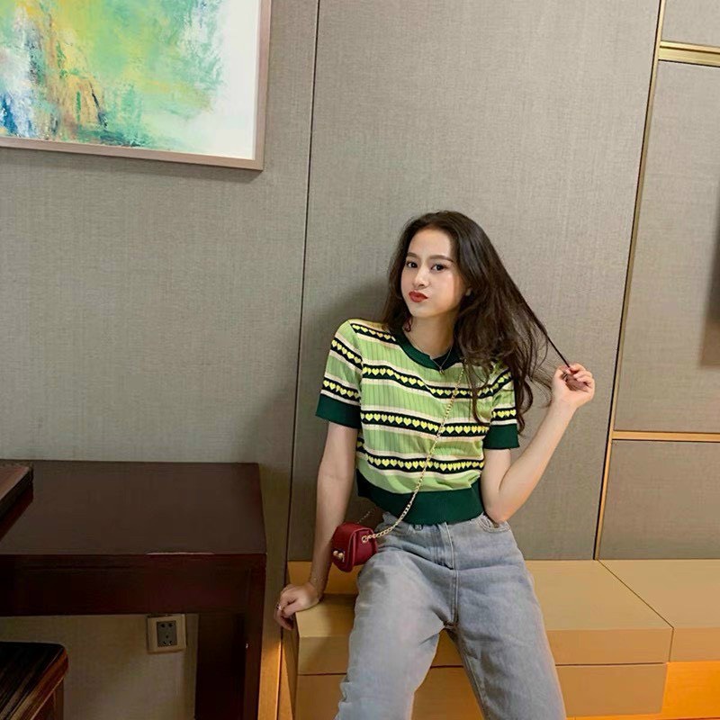 [XẢ HÀNG] Áo Len Cổ Tròn Xanh Trái Tim Tay Ngắn | Smide Clothing