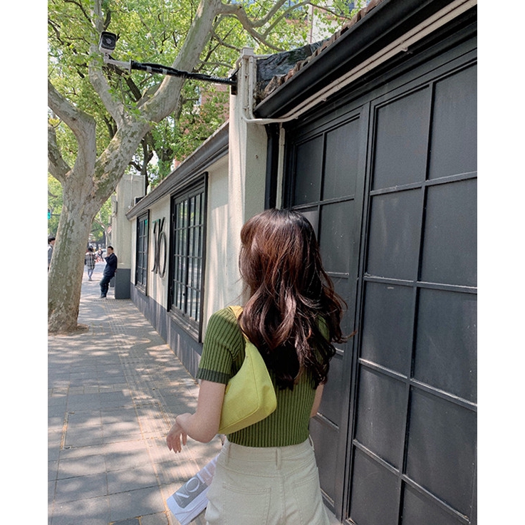 SUXI Áo Kiểu Tay Ngắn Cổ Vuông Họa Tiết Kẻ Sọc Thời Trang Cho Nữ