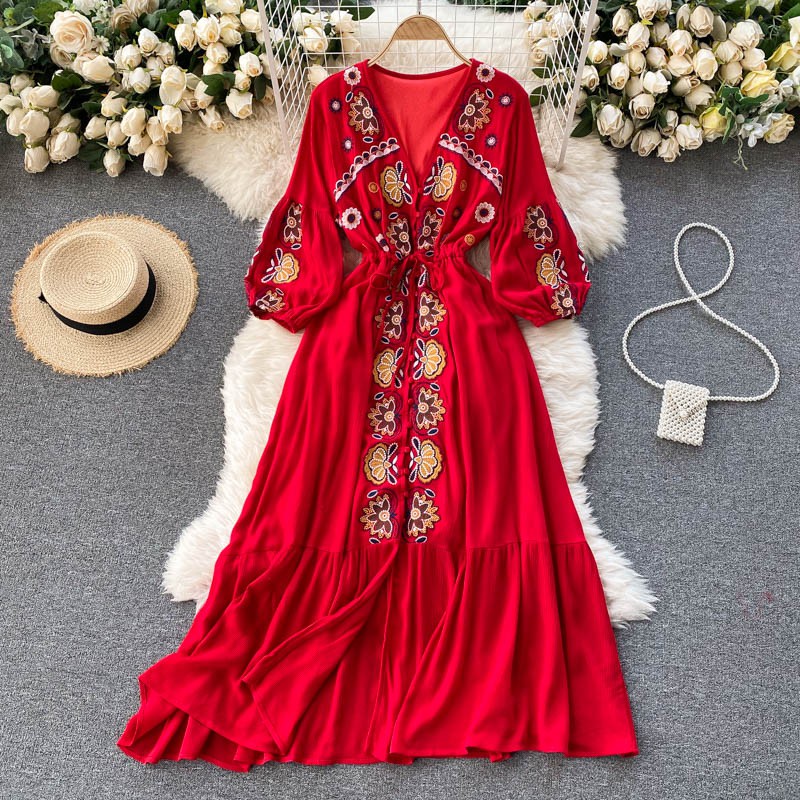 (sẵn đỏ) váy quảng châu thêu hoa dáng dài 2021