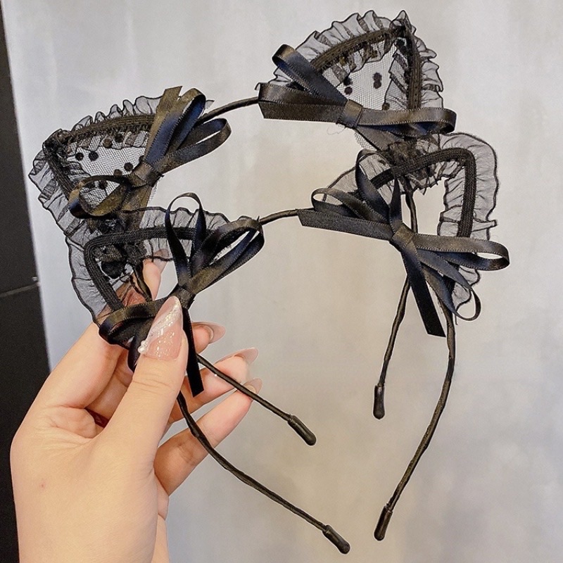 Băng đô tai mèo ren đen Lolita phong cách Gothic – Cài tóc cosplay, chụp ảnh cực xinh-N'Lee House