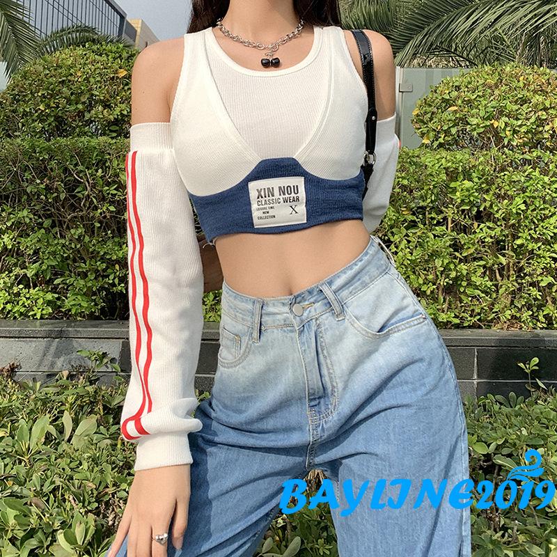 [Mã FAGREEN55 giảm tới 30K đơn 99K] Áo croptop dáng ôm kèm cặp ống tay áo thiết kế cá tính cho nữ