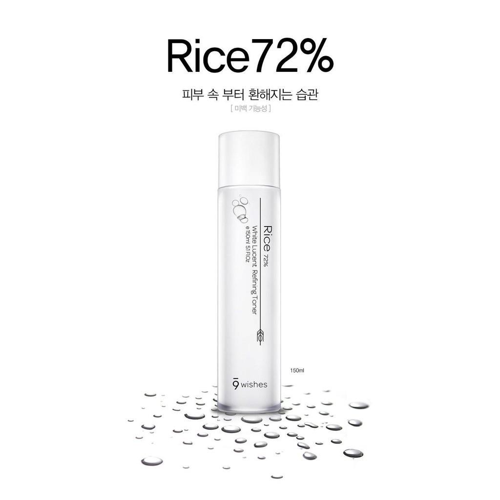 Nước Hoa Hồng Dưỡng Ẩm, Cân Bằng và Dưỡng Trắng Da 9Wishes Rice 72% White Lucent Refining Toner 150ml - Khongcoson