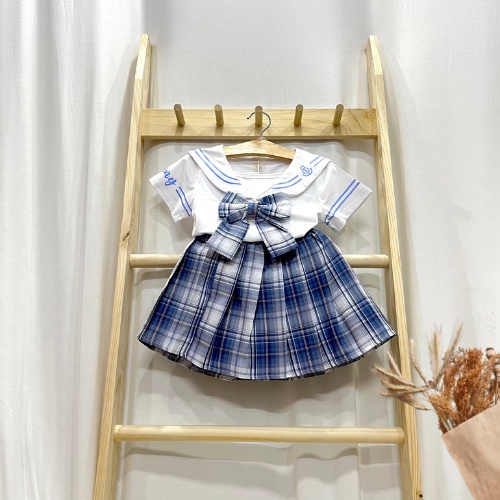 Bộ đồ thủy thủ bé gái PN cao cấp - Set áo tay ngắn phối nơ, chân váy xếp ly phong cách cho bé gái từ 12kg đến 22kg