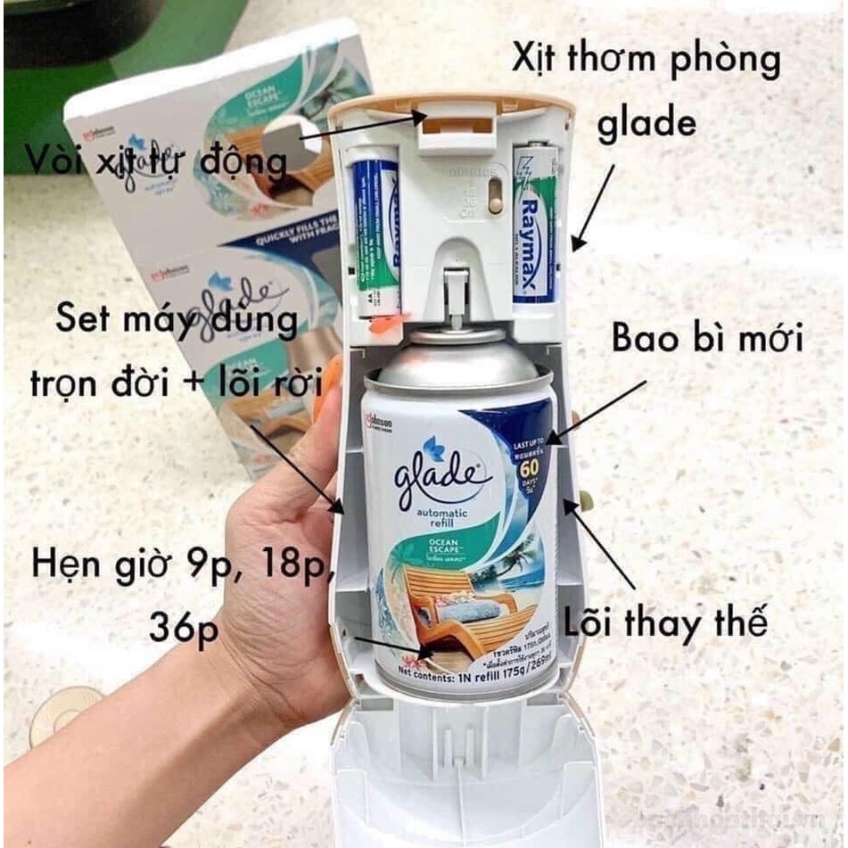 Máy phun hương thơm tự động + lõi tình dầu 269ml Glade Automatic Spray Thái Lan (có sẵn 2 pin AA)