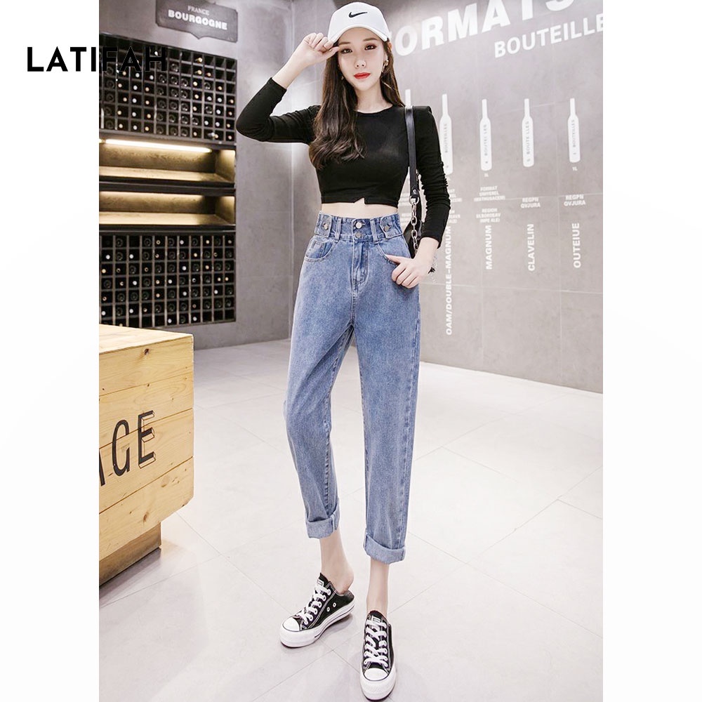 Quần baggy jeans nữ LATIFAH form rộng 2 bách vuông lưng thun QD016 phong cách hàn quốc
