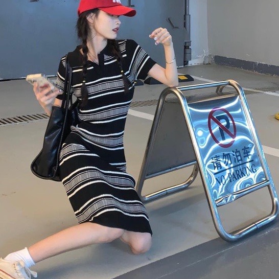 Váy body quảng châu cổ sơ mi chất len tăm co dãn tốt họa tiết kẻ vanmiushop