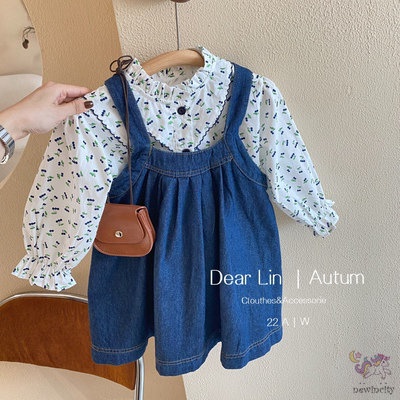 Bộ Áo In Hoa Dễ Thương + Chân Váy Yếm Denim Thời Trang Cho Bé Gái