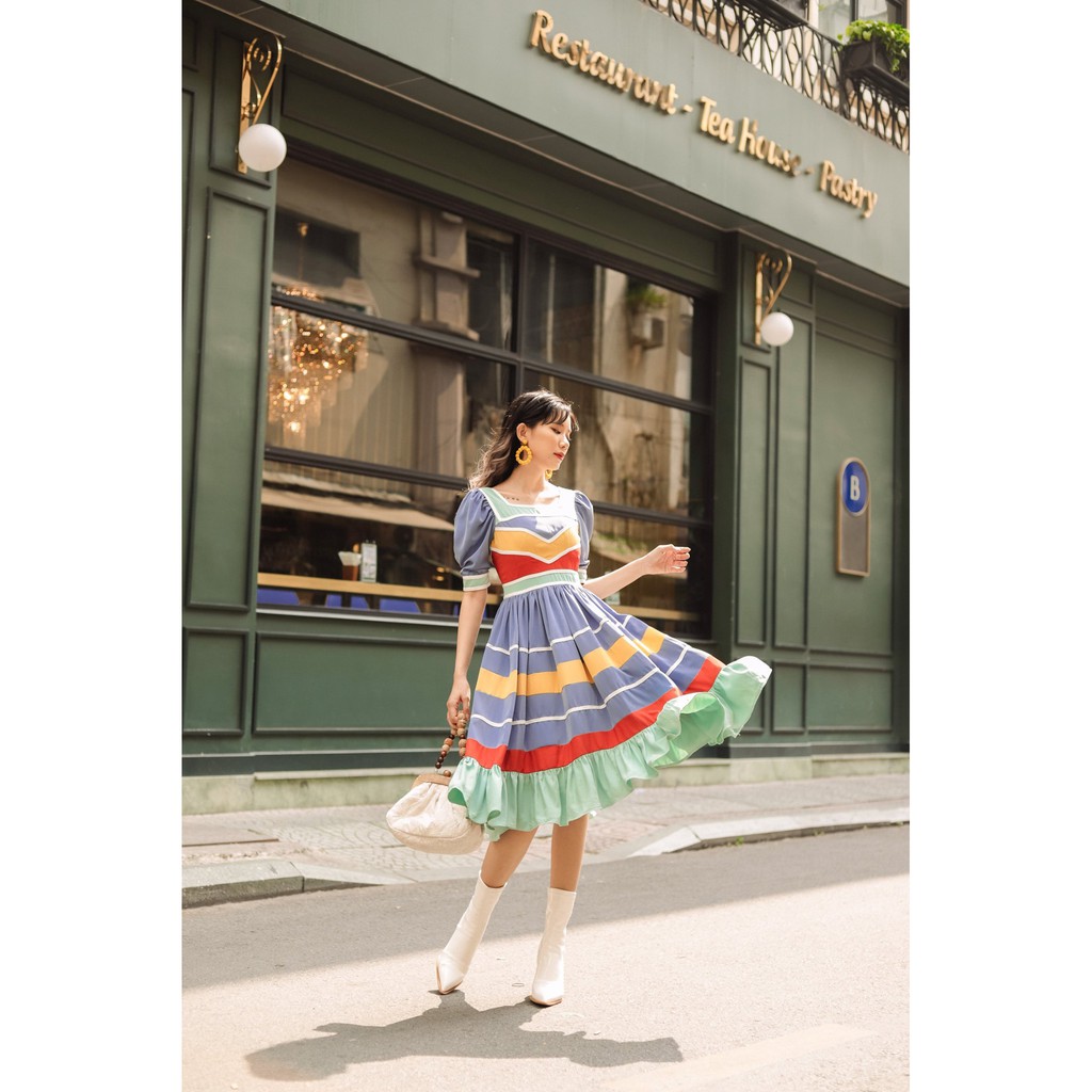 SÒ VINTAGE - MARIA Đầm xòe cổ vuông phối nhiều màu | BigBuy360 - bigbuy360.vn