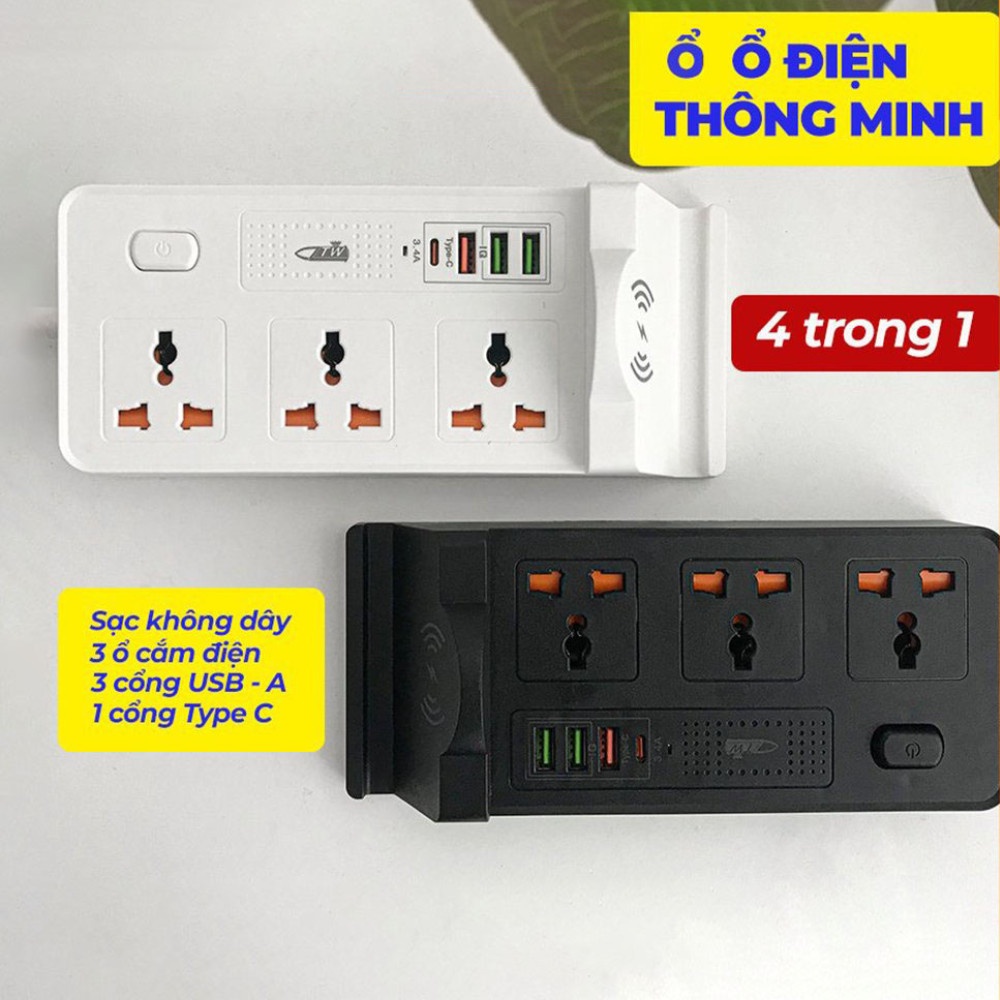 Ổ Cắm Điện Đa Năng, Ổ Cắm Điện Thông Minh 1 Cổng TypeC 3 Cổng USB Kèm Đế Đỡ Điện Thoại Kết Hợp Sạc Không Dây Nhỏ Gọn