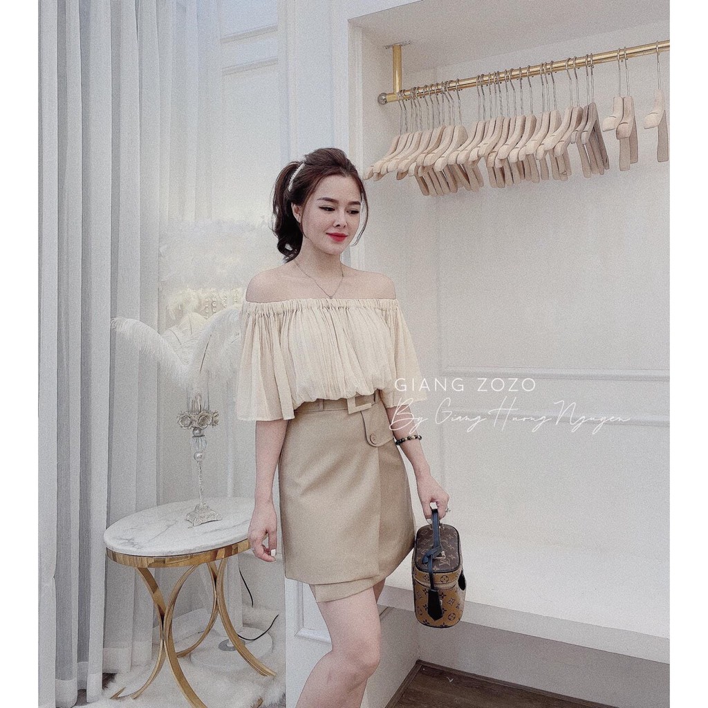 (Siêu sale xả kho)Set áo trễ vai dập ly chân váy kaki