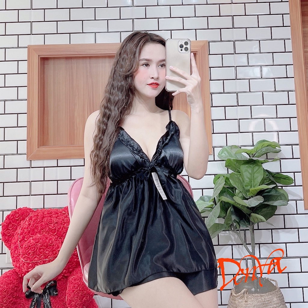 Đồ ngủ bigsize sexy nữ có mút chất lụa phi 2 dây hở lưng, viền bèo quanh ngực, DN3