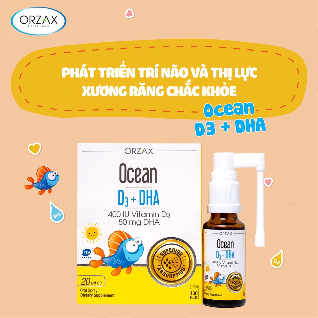 Ocean D3 DHA Vitamin d3 dha cho bé Dầu cá Omega 3 Canxi Tăng chiều cao Phát triển trí não cho trẻ Xịt Nhỏ giọt Lọ 20ml