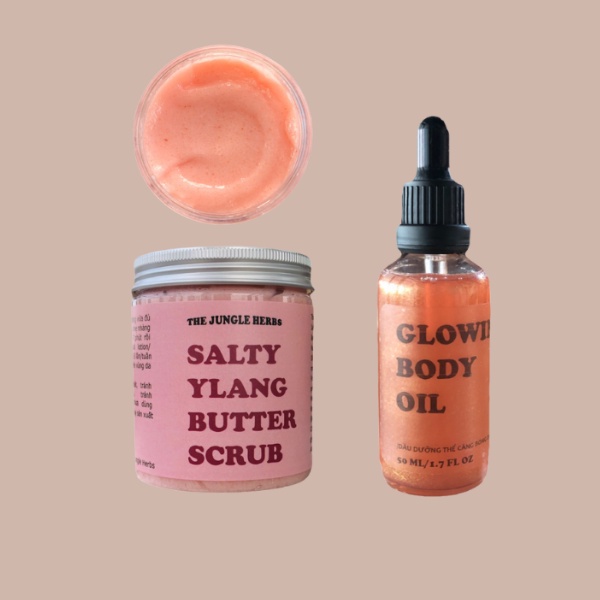 Bộ sản phẩm căng bóng da body handmade freeship dầu dưỡng body và tẩy da chết - the jungle herbs