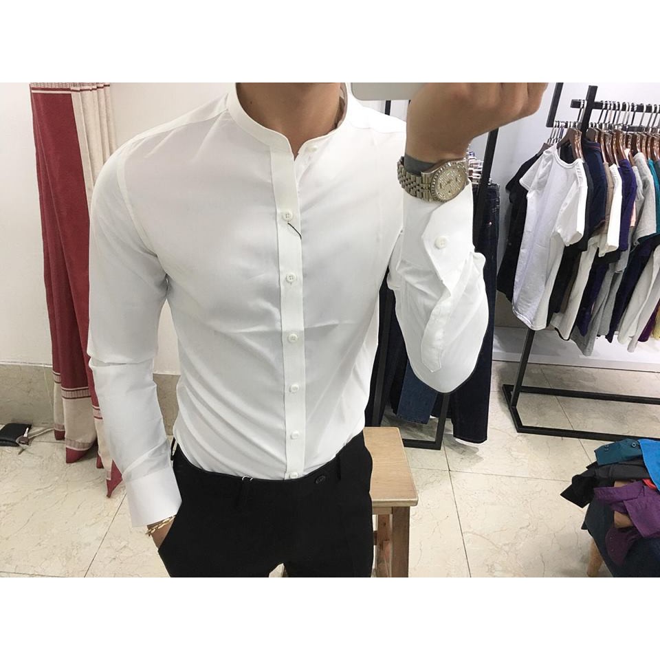 Sơ mi trắng cổ tàu cao cấp, vải mịn, không nhăn, không xù