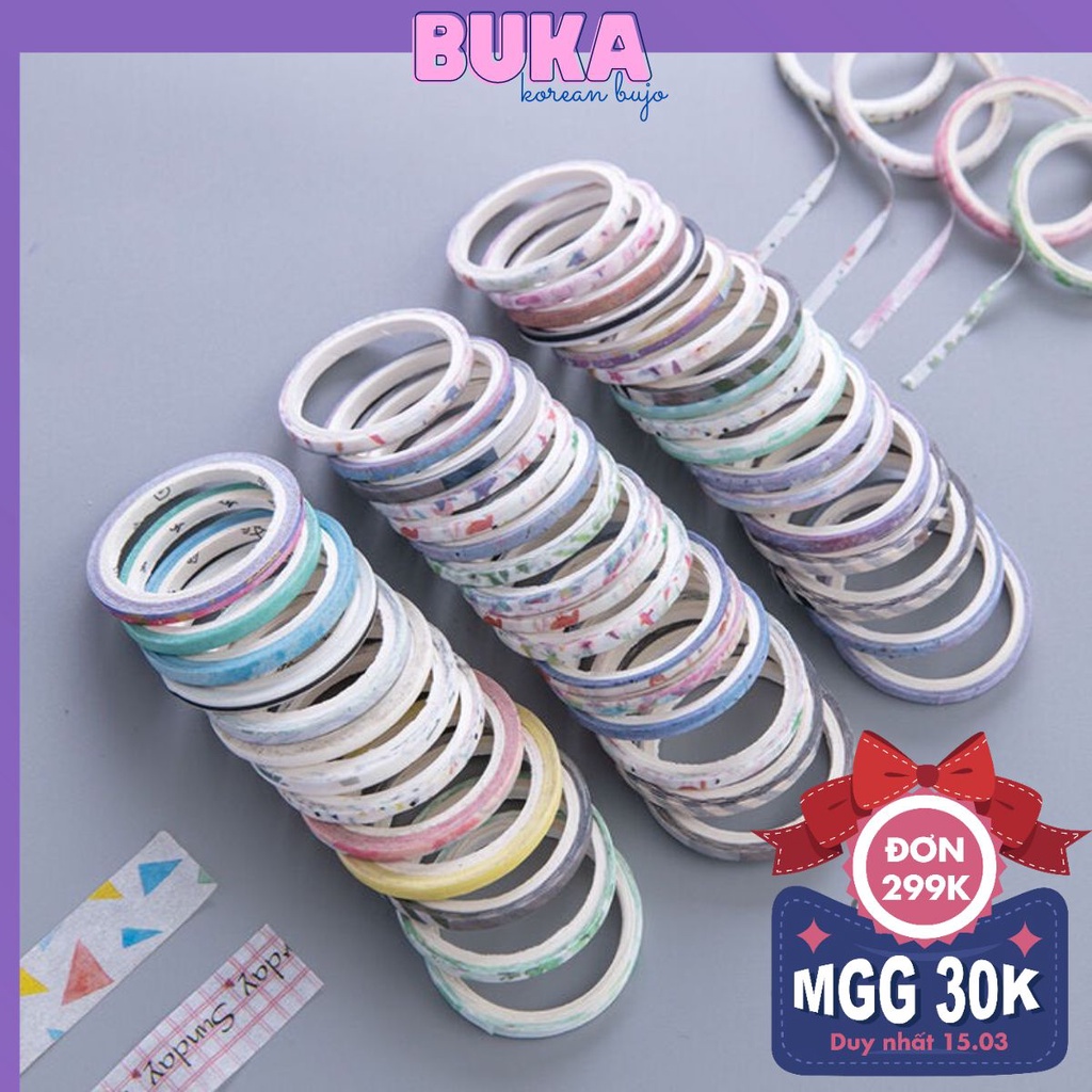 Washi tape 10 cuộn nhỏ hộp băng keo nhiều họa tiết vintage, trang trí sổ tay, làm bullet journal