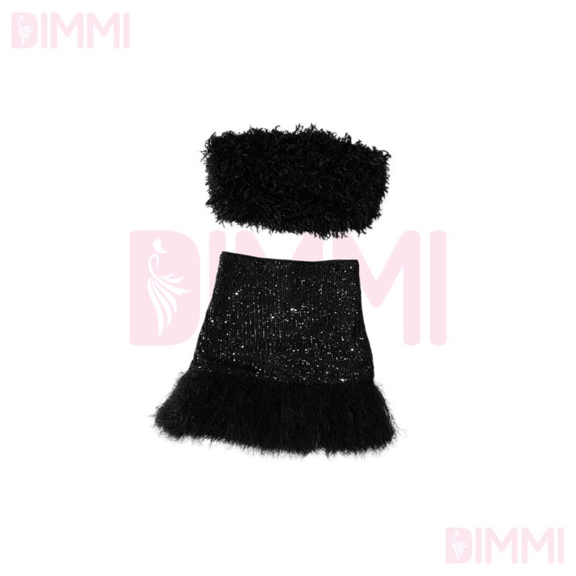 Set Áo Lông Và Chân Váy Sequin Viền Lông